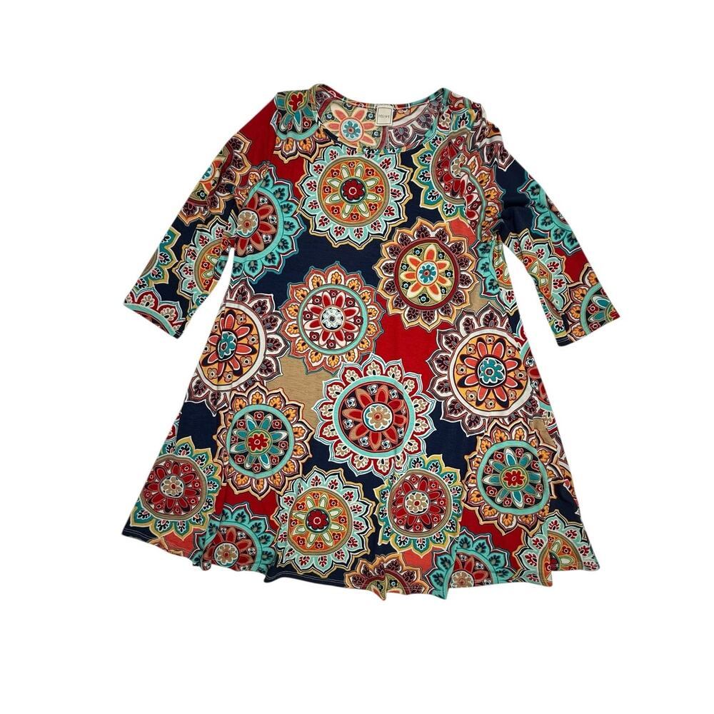 Hershe Women's Boho Medallion Print 3/4 Sleeve Tunic Swing Dress L